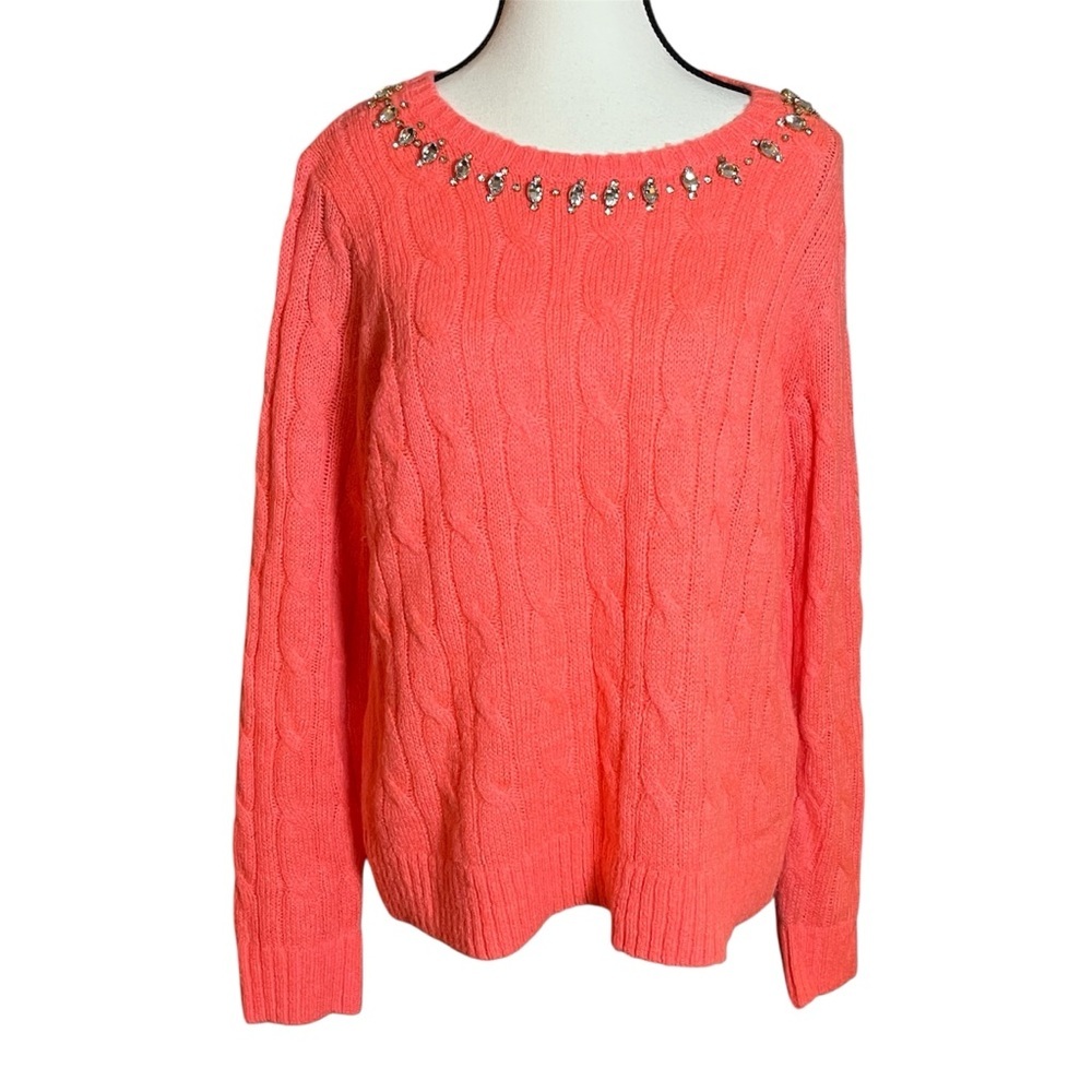 Lilly Pulitzer Dario Sweater Womens Large Rhinestone Cable Knit in Yummy Melon